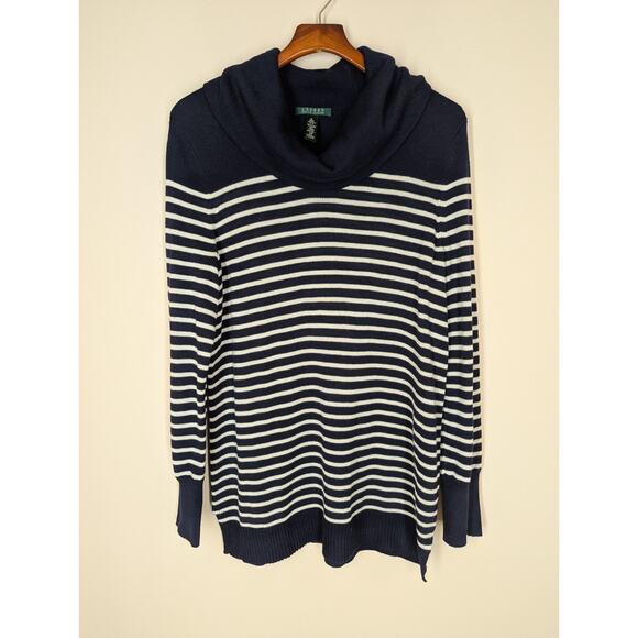 Lauren Ralph Lauren Women's Navy & White Striped Cowl Neck Slit Sweater Size XL - Picture 2 of 9